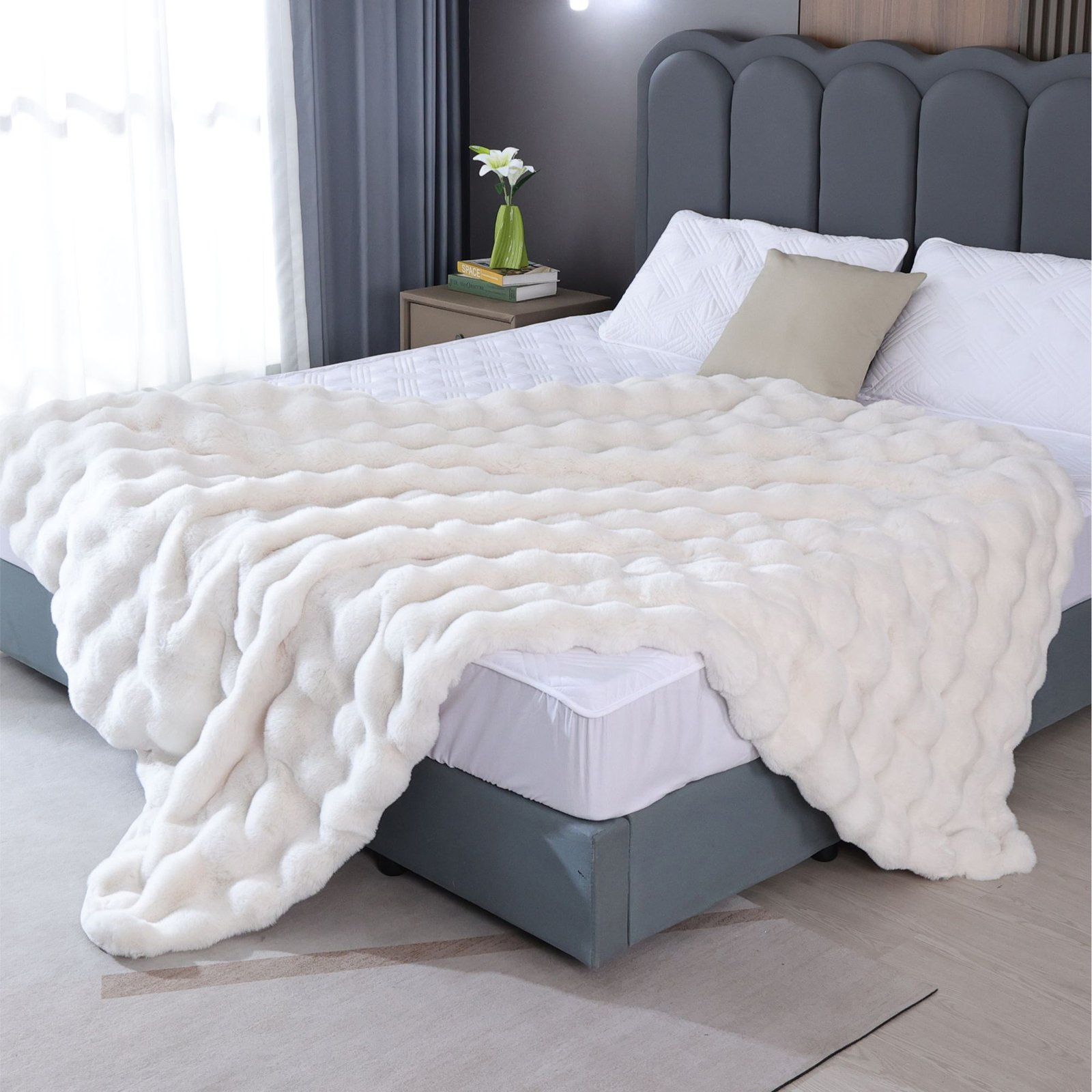 BlanketSolution Fluffy Fuzzy Cozy Faux Fur Throw Blanket for Living Room Cream Beige - Image 4