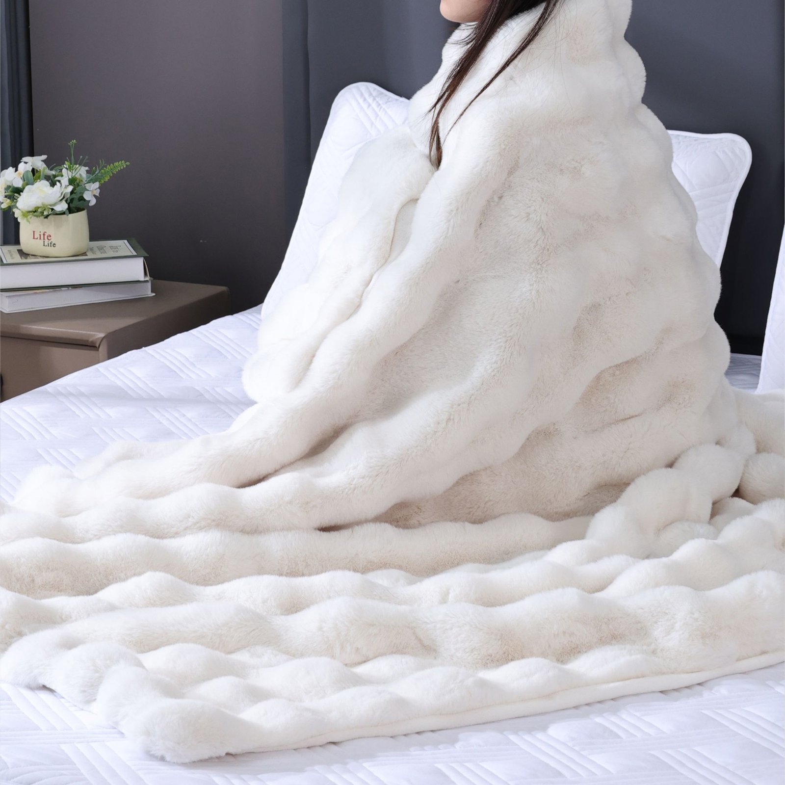 BlanketSolution Fluffy Fuzzy Cozy Faux Fur Throw Blanket for Living Room Cream Beige - Image 5